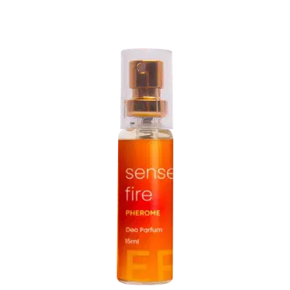Frasco de perfume Sense Fire Pherome Deo Parfum de 15ml, com embalagem laranja e texto em branco destacando o nome do produto.