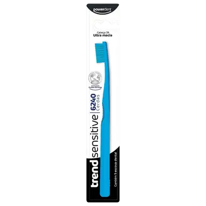 Escova dental Powerdent, embalagem preta e branca, com cabo azul claro. Produto destinado ao cuidado e higiene bucal.