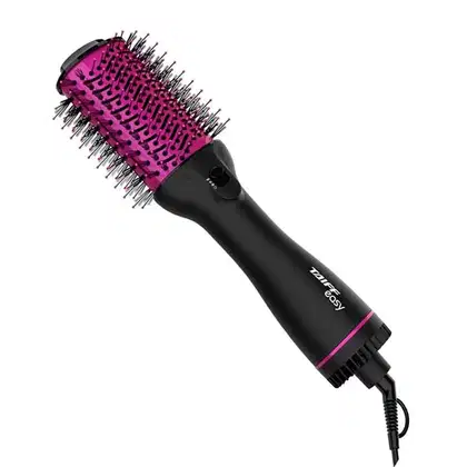 Escova de cabelo elétrica da marca Taiff. Ela possui um design preto com detalhes em rosa, com cerdas de tamanho médio e formato arredondado.
