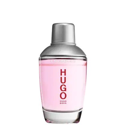 A imagem mostra um frasco de perfume da marca Hugo Boss. O frasco transparente contém um líquido rosa claro, com o nome "Hugo" em letras vermelhas grandes e "Energise" em letras menores acima. A tampa é prateada, e o fundo preto destaca o produto.