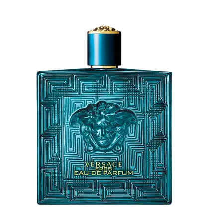 Frasco de perfume Versace Eros, com design geométrico em tons de azul e dourado, destacando o emblema da marca. Embalagem elegante e sofisticada, com informações do produto impressas.