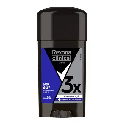 Desodorante antitranspirante em creme da marca Rexona Clinical, com embalagem preta e azul, indicando proteção por até 96 horas e controle de odor. O produto possui 58g e destaca a afirmação "Mais proteção".