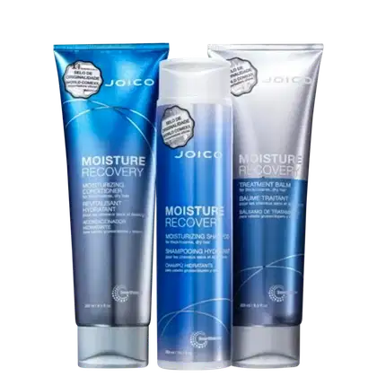 Conjunto de produtos Joico Moisture Recovery, incluindo shampoo hidratante, condicionador e bálsamo de tratamento, em embalagens de plástico com predominância de cores azul e branca.