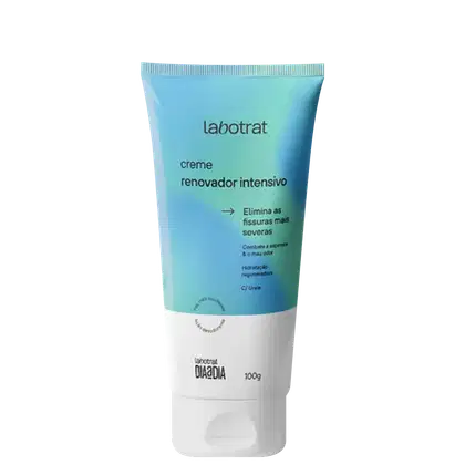 O produto apresentado é um creme renovador intensivo da marca Labotrat. A embalagem é um tubo de plástico de cor azul clara, com o nome da marca e a descrição do produto em português. Volume de 100g.