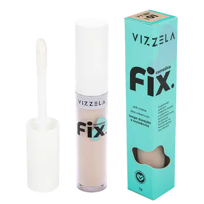 O produto é um corretivo da marca Vizzela, chamado "Fix", em uma embalagem de tubo plástico branco e caixa de papelão na cor azul turquesa. O rótulo destaca as características do produto, como cobertura, longa duração e resistência.