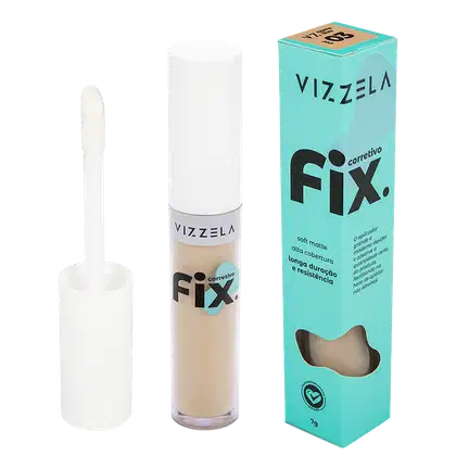 Produto de maquiagem corretiva da marca Vizzela, em embalagem de tubo branco e caixa de papelão na cor turquesa, com o nome "Fix" impresso em preto.