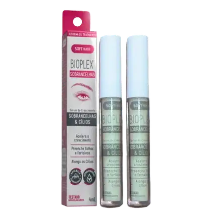 O produto apresentado é um sérum para sobrancelhas e cílios da marca Soft Hair Bioplex. A imagem mostra uma caixa rosa e dois frascos brancos com rótulos que indicam o nome do produto e suas propriedades de acelerar o crescimento e fortalecer os pelos.
