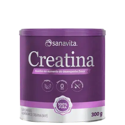 Suplemento alimentar de creatina em pó da marca Sanavita, em embalagem de lata roxa com logotipo e informações sobre o produto, como ser vegano e sem calorias.