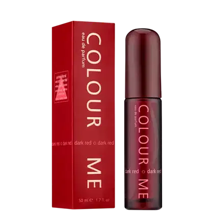 Frasco de perfume da marca Colour Me, na cor vermelha escura, com rótulo em destaque exibindo o nome "Colour Me" em letras brancas. A embalagem é retangular e possui uma tampa arredondada.