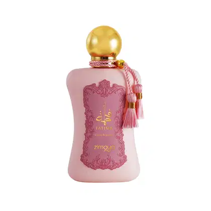 Frasco de perfume Fatima da marca Zimaya, com embalagem rosa e detalhes dourados, tampa esférica dourada e adornos decorativos em relevo.
