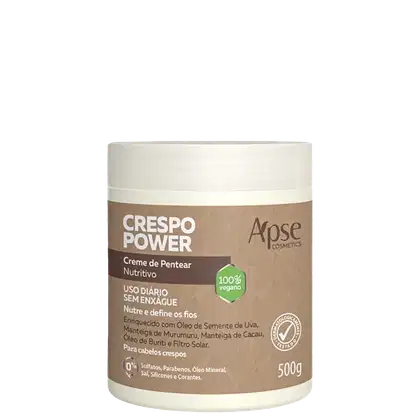 Creme de pentear nutritivo da linha Crespo Power da marca Apice Cosmetics. A embalagem é um pote branco com uma faixa marrom na parte superior, contendo o nome do produto "Crespo Power" e informações sobre sua composição e benefícios.
