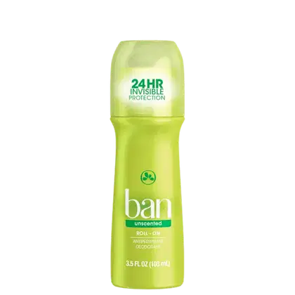 A imagem mostra um desodorante roll-on da marca Ban. O frasco é na cor verde clara e destaca na embalagem a promessa de "24HR Invisible Protection" (Proteção Invisível de 24 horas).