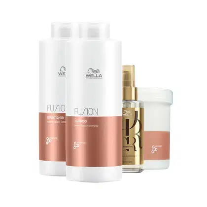 A imagem mostra três produtos de cuidados capilares da Wella Professionals. Um é o shampoo Shampoo de 1L, o outro é o condicionador de 1L, um óleo capilar e uma máscara de 500g em pote redondo.