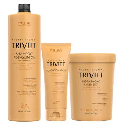 Conjunto de produtos para cabelos quimicamente tratados. Composto por um shampoo pós-química de 1 litro, um condicionador em embalagem de 200ml e uma máscara hidratante intensiva em pote de 1kg.