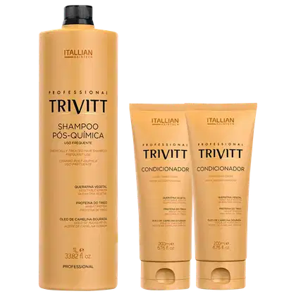 Um shampoo pós-química e dois condicionadores. O shampoo vem em uma embalagem de 1 litro, enquanto os condicionadores estão em embalagens de 200ml.