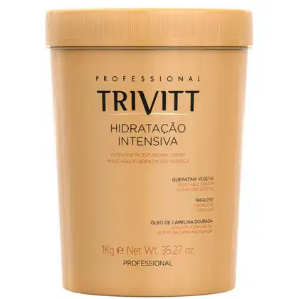 Máscara de tratamento capilar intensivo hidratante da marca Trivitt Professional.  Rótulo com o nome do produto "Hidratação Intensiva". Peso líquido de 1kg.