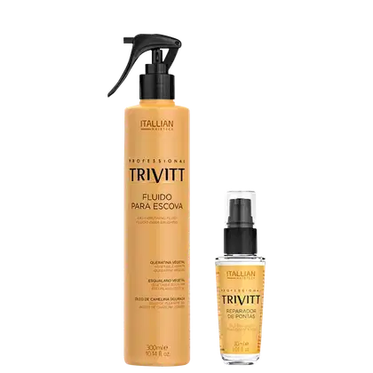 Um frasco spray de 300ml contendo um fluido para escova, e um frasco de 30ml contendo um reparador de pontas.