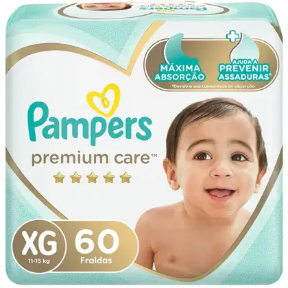Pacote de fraldas Pampers Premium Care tamanho XG, com 60 unidades, para bebês de 11-15 kg. Embalagem com design em tons de verde e dourado, destacando a "máxima absorção" e "ajuda a prevenir assaduras".