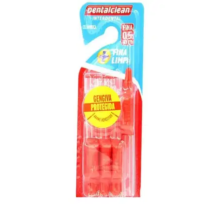 Escova interdental Dentalclean. Embalagem plástica transparente vermelha contendo cones interdentais cilíndricos vermelhos. Rótulo amarelo com texto "Gengiva Protegida" e "Doble Protección". Embalagem externa azul com logotipo Dentalclean.