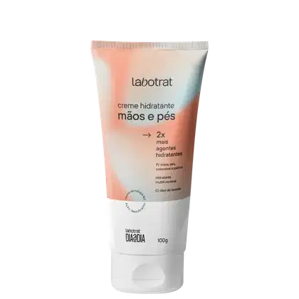 O produto apresentado é um creme hidratante para mãos e pés da marca Labotrat. A embalagem é um tubo branco e rosa, com o nome da marca e do produto claramente visíveis. Volume de 100g.