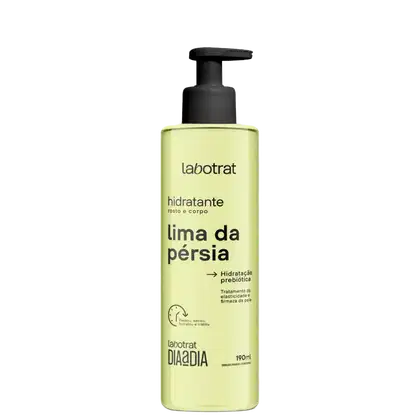 O produto apresentado é um hidratante corporal da marca Labotrat, com o nome "lima da pérsia" impresso no rótulo. A embalagem é um frasco plástico com um dispensador na parte superior, de cor predominantemente amarela.