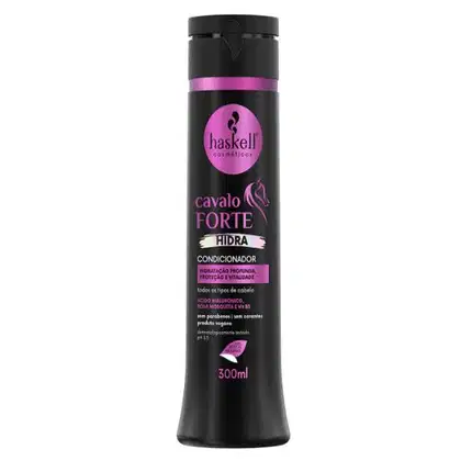 A imagem mostra o condicionador Cavalo Forte Hidra da marca Haskell.
