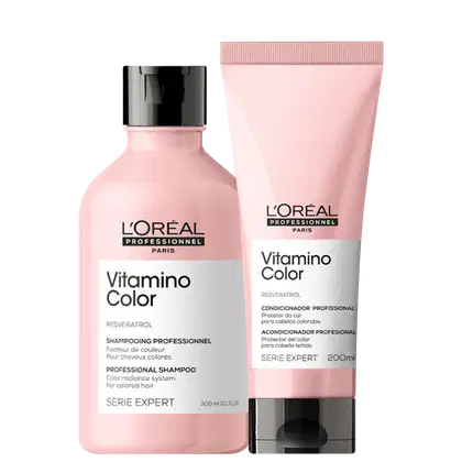 Shampoo (300ml) e condicionador (200ml) Vitamino Color Resveratrol da L’Oréal Professionnel, em embalagens rosa claro com tampa preta.