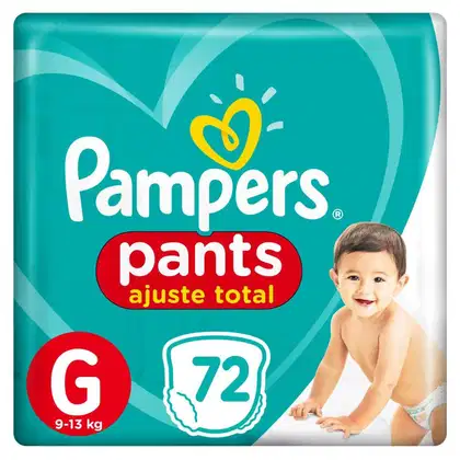 Pacote de fraldas Pampers Pants tamanho G, para crianças de 9 a 13 kg, com design ajustável e imagem de bebê sorridente na embalagem de cor verde e vermelha.