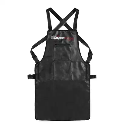 Avental frontal preto simples, com bolsos discretos na frente.