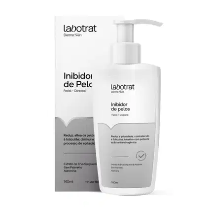 O produto mostrado na imagem é um inibidor de pelos da marca Labotrat, linha Dermo Skin. O frasco é branco com uma bomba de aplicação e contém 140ml do produto.