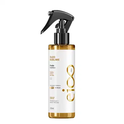 Frasco de spray com rótulo "Óleo Sublime" da marca EICO PRO, contendo fluido nutritivo para cabelos. Embalagem branca e dourada com informações sobre os ingredientes e benefícios do produto.