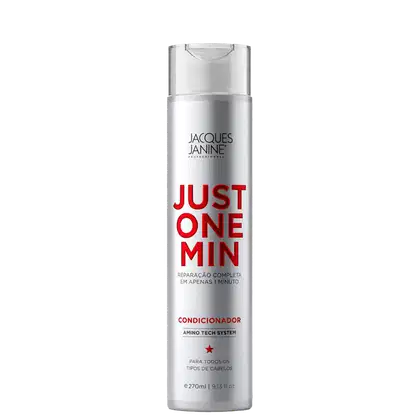 Condicionador da linha Just One Min da marca Jacques Janine Professionnel, em frasco branco com rótulo vermelho destacando o nome do produto e a promessa de reparação capilar completa em apenas 1 minuto.