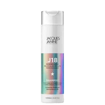 Frasco branco de shampoo da linha J18 da marca Jacques Janine Professionnel, com rótulo destacando a "Regeneração Molecular de Alta Performance" e o complexo biomimético J18.