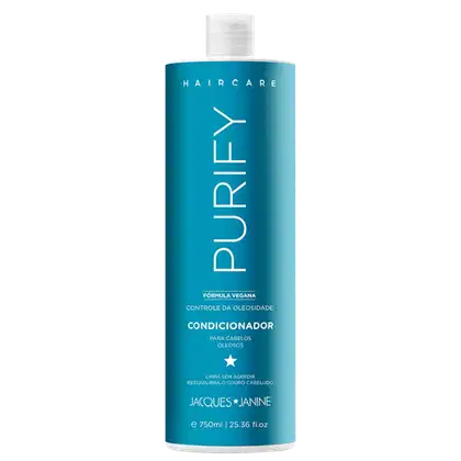 Frasco de condicionador para cabelos oleosos da linha Purity da Jacques Janine Professionnel, com fórmula vegana e controle da oleosidade. Embalagem de 750ml em tons de azul.