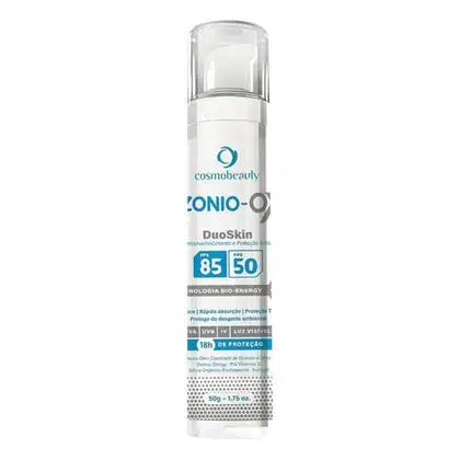 Protetor solar da marca Cosmobeauty, chamado Zonio-O DuoSkin. O rótulo do produto exibe informações como o fator de proteção solar (FPS 85) e o fator de proteção UVB (FPS 50). Também é mencionada a tecnologia "Bio-Energy" utilizada no produto.
