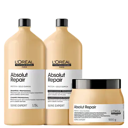 Kit L'Oréal Professionnel Serie Expert Absolut Repair Gold Quinoa + Protein Trio Care Salon, 3 produtos.