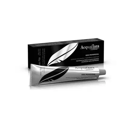 Caixa preta e tubo prateado da linha profissional de cosméticos Acquaflora, contendo sistema de coloração e tratamento capilar com proteínas da pérola e silício orgânico.