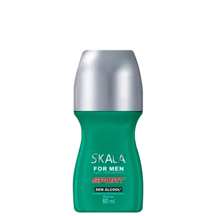 Frasco de desodorante roll-on da marca Skala for Men, com 60 ml de volume, na cor verde e branca, com o texto "Sport" e "Sem Álcool" destacado na embalagem.