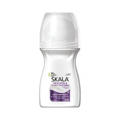 Desodorante antitranspirante roll-on Skala Invisible em embalagem branca com detalhes em roxo, contendo 60ml do produto e informações sobre sua fórmula vegana e sem álcool.