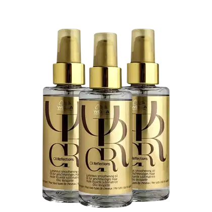 A imagem mostra três frascos transparentes com rótulo e tampa dourada. Rótulo com o logotipo Wella e o nome do produto "Oil Reflections Luminous Smoothening Oil" em letras marrons.