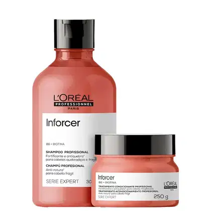 A imagem mostra dois produtos da linha Inforcer da L’Oréal Professionnel, ambos em embalagens coral com tampa preta.