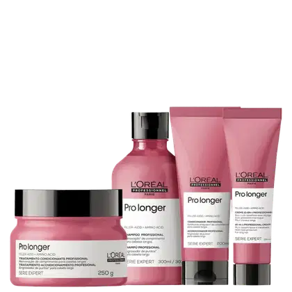 A imagem mostra um kit da L'Oréal Professionnel Pro Longer com um pote arredondado de máscara, um frasco arredondado de shampoo e duas bisnagas com leave-in e condicionador. Todos de cor rosa escuro, rótulo branco e tampa preta.