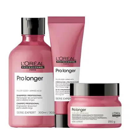A imagem mostra um kit da L'Oréal Professionnel Pro Longer com um frasco arredondado de shampoo, uma bisnaga de leave-in e um pote arredondado de máscara. Todos de cor rosa escuro, rótulo branco e tampa preta.