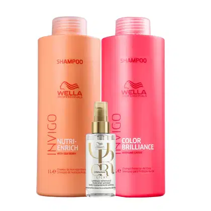 Kit com shampoo Nutri-Enrich, shampoo Color Brilliance e óleo capilar Oil Reflections, da marca Wella Professionals.