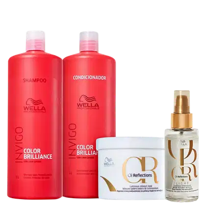 Kit com shampoo e condicionador Invigo Color Brilliance, além de máscara e óleo capilar Oil Reflections. Todos da marca Wella Professionals.