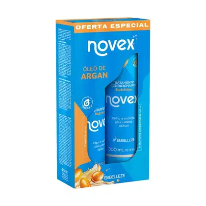 A imagem mostra caixa com kit de shampoo e condicionador  Embelleze Novex Óleo de Argan de 300ml.  A embalagem é azul e laranja, com detalhes das propriedades e benefícios dos produtos, que inclui brilho e nutrição.