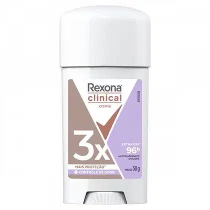 Desodorante antitranspirante Rexona Clinical Creme, em embalagem branca com detalhes em tons de cinza e roxo, indicando proteção extra seca por 96h.