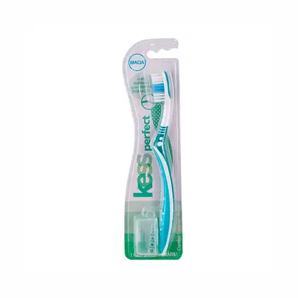 Escova dental Kess Perfect, embalagem plástica transparente, com cabo e cabeça em tons de azul e verde, rótulo com marca "Kess" e informações sobre o produto.