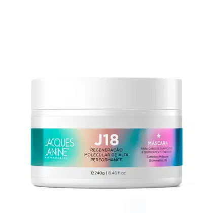Embalagem branca de máscara capilar da linha J18 da Jacques Janine Professionnel, com rótulo destacando a "Regeneração Molecular de Alta Performance" do produto.