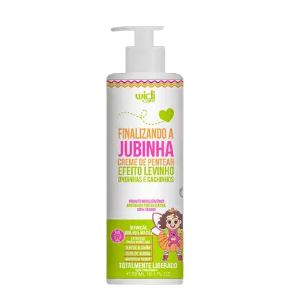Frasco branco com bomba doseadora contendo creme de pentear para ondas e cachos, com rótulo verde e rosa destacando o nome "Finalizando a Jubinha" e informações sobre ingredientes e benefícios do produto Widi Care.